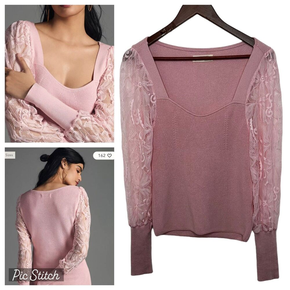 Anthropologie Maeve Pink Lace-Sleeve Sweetheart Neck Sweater Top